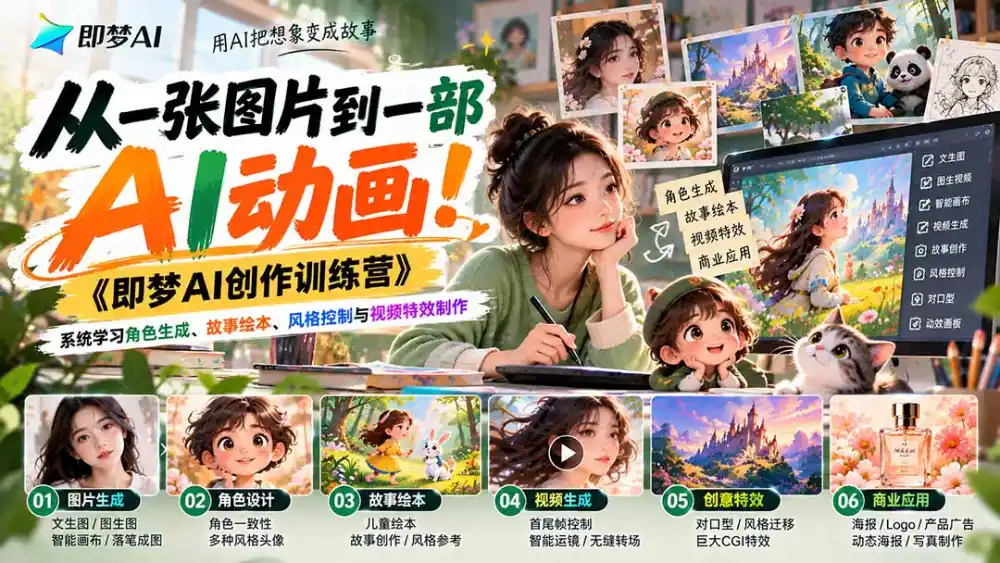【无水印】从一张图片到一部AI动画！《即梦AI创作训练营》系统学习角色生成、故事绘本、风格控制与视频特效制作-星云网创