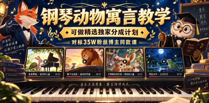 钢琴动物寓言教学，可做精选独家分成计划，对标35W粉丝博主同款课-星云网创