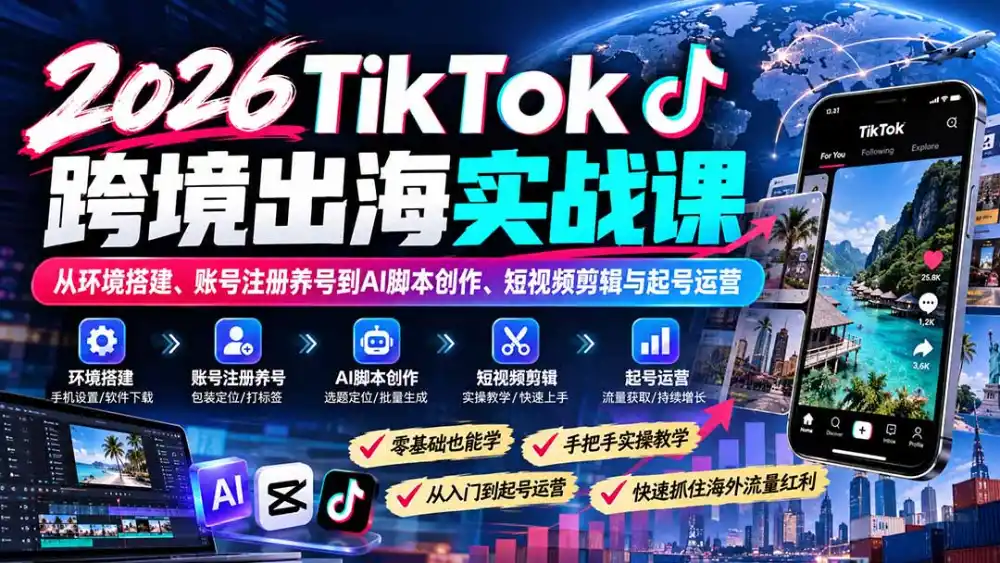 2026TikTok跨境出海实战课：从环境搭建、账号注册养号到AI脚本创作、短视频剪辑与起号运营-星云网创