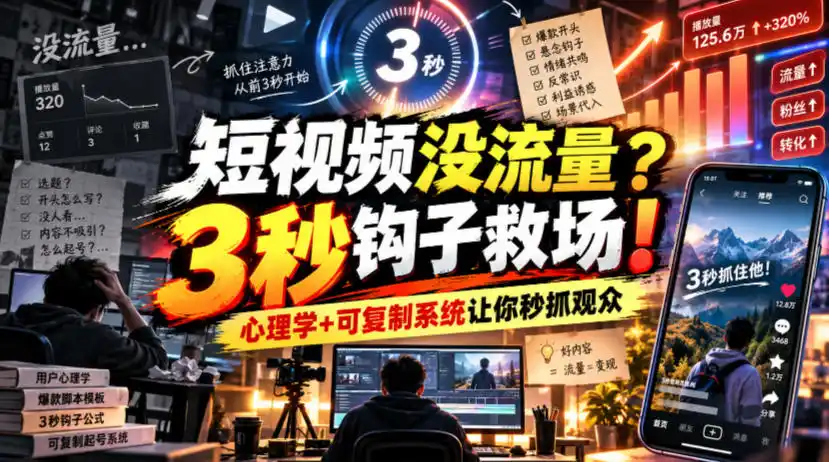【无水印】短视频没流量？3秒钩子救场！心理学+可复制系统让你秒抓观众【原创双语字幕】-星云网创