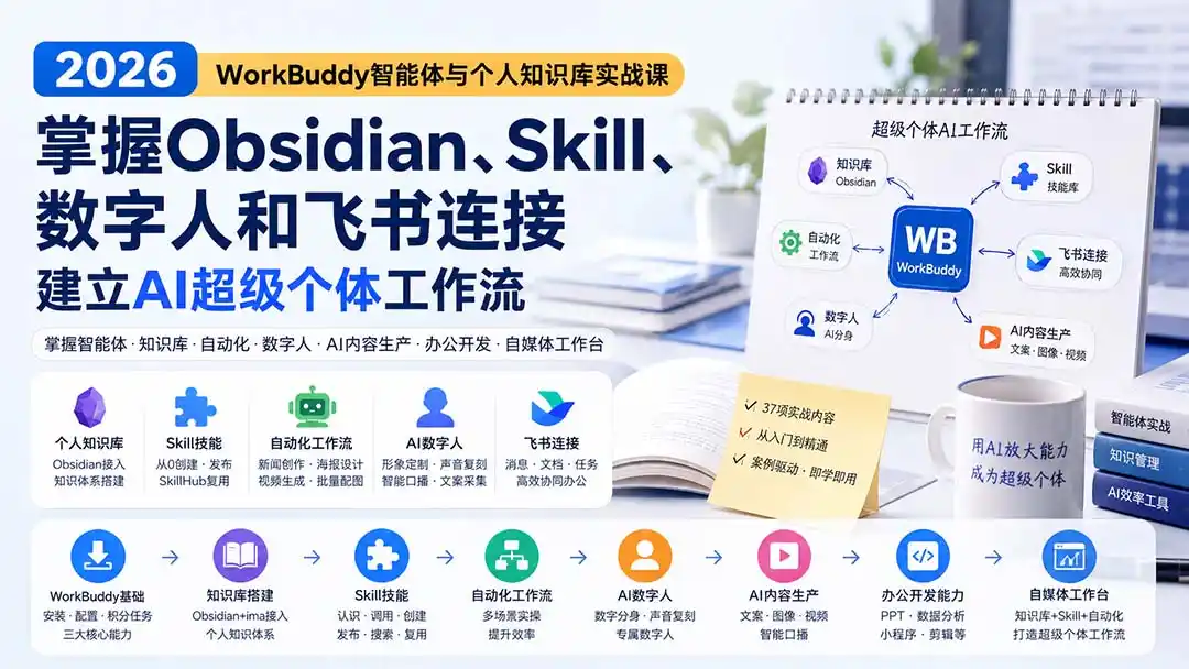 2026 WorkBuddy智能体与个人知识库实战课：掌握Obsidian、Skill、数字人和飞书连接，建立AI超级个体工作流-星云网创
