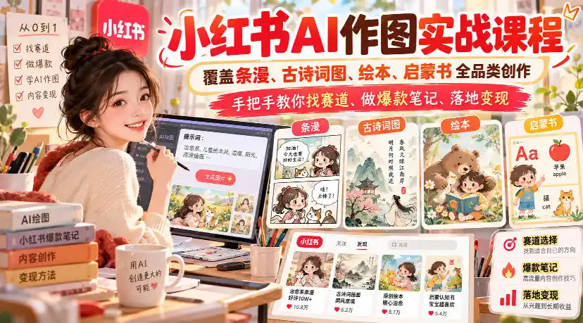 小红书AI作图实战课程,覆盖条漫、古诗词图、绘本、启蒙书全品类创作,手把手教你找赛道、做爆款笔记、落地变现-星云网创