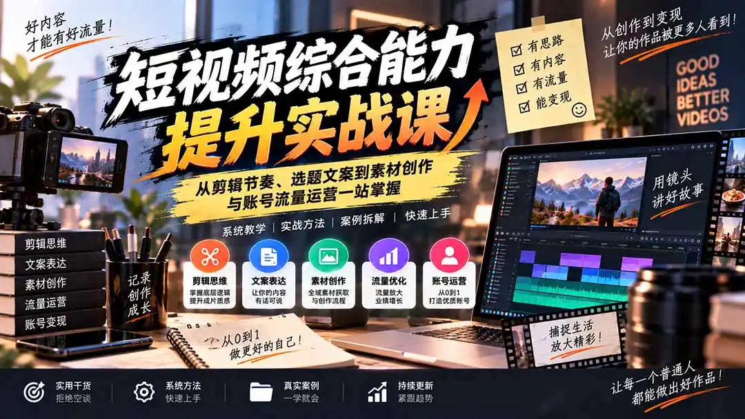 短视频综合能力提升实战课：从剪辑节奏、选题文案到素材创作与账号流量运营一站掌握-星云网创