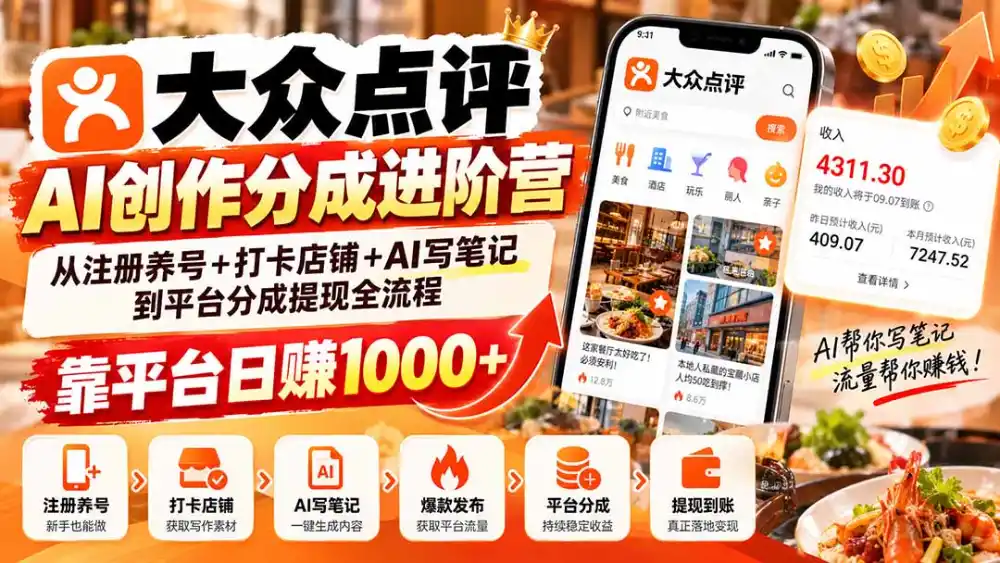 大众点评AI创作分成进阶营：从注册养号+打卡店铺+AI写笔记到平台分成提现全流程，靠平台日赚1000+-星云网创