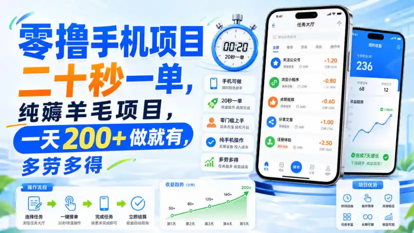 零撸手机项目，二十秒一单，纯薅羊毛项目，一天200+做就有，多劳多得【揭秘】-星云网创
