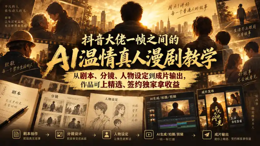 抖音大佬一帧之间的AI温情真人漫剧教学,从剧本、分镜、人物设定到成片输出,作品可上精选、签约独家拿收益-星云网创