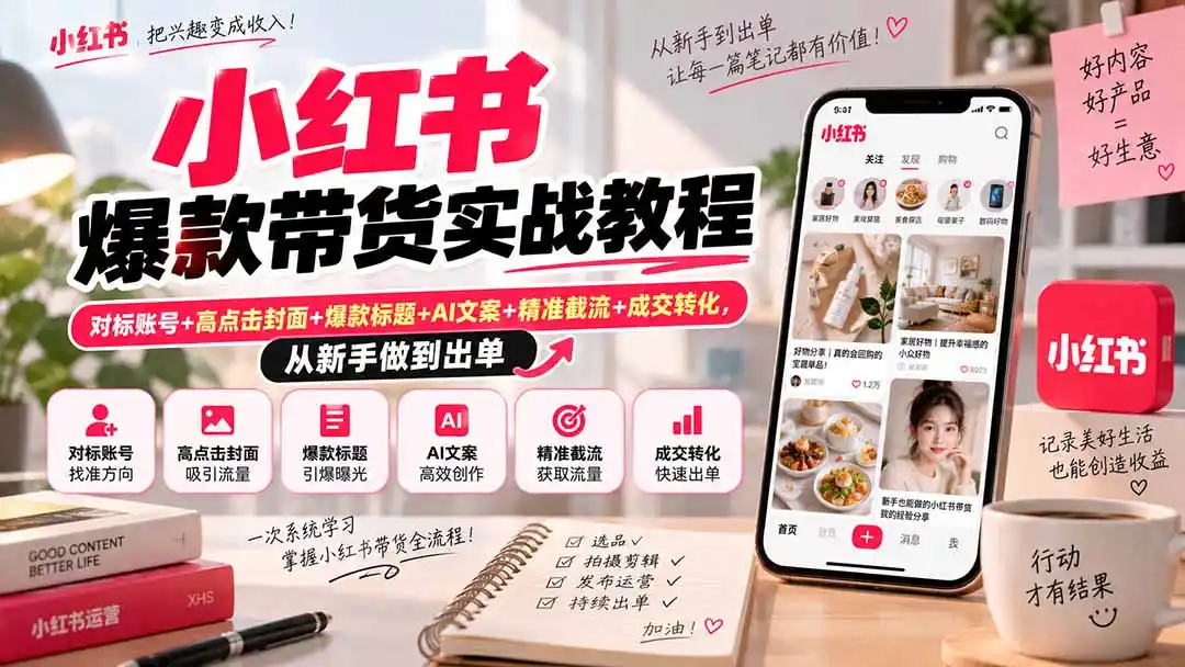 小红书爆款带货实战教程｜对标账号+高点击封面+爆款标题+AI文案+精准截流+成交转化，从新手做到出单-星云网创