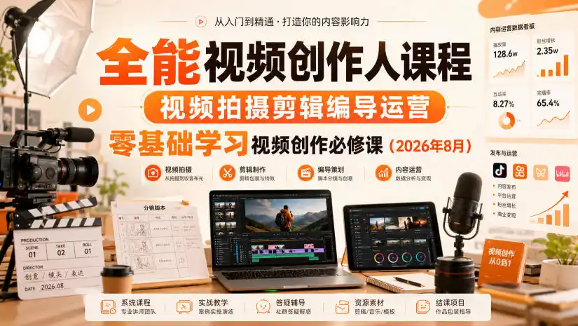 全能视频创作人课程，视频拍摄剪辑编导运营，零基础学习视频创作必修课(2026年8月)-星云网创