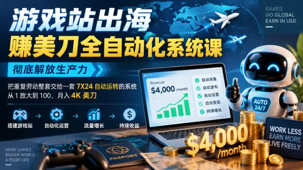 游戏站出海賺美刀全自动化系统课，彻底解放生产力–把重复劳动整套交给一套7X24自动运转的系统，从1放大到100，月入4K美刀-星云网创