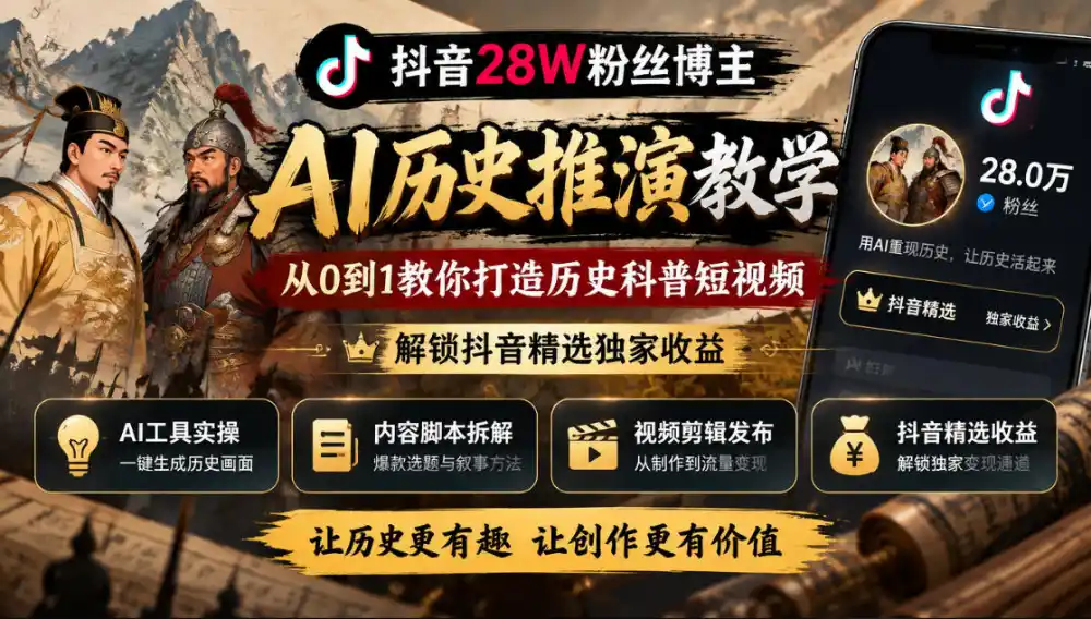 抖音28W粉丝博主的AI历史推演教学，从0到1教你打造历史科普短视频，解锁抖音精选独家收益-星云网创