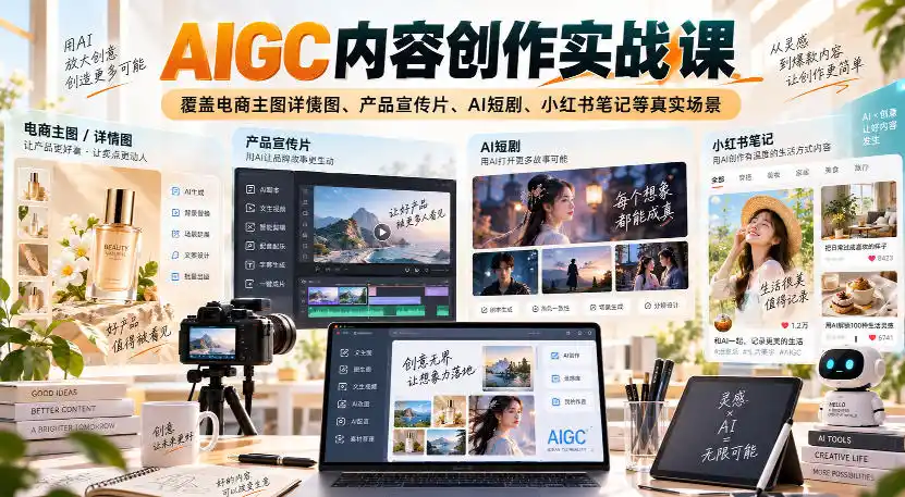 AIGC内容创作实战课，覆盖电商主图详情图、产品宣传片、AI短剧、小红书笔记等真实场景-星云网创