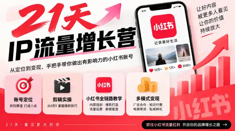 21天IP流量增长营，小红书全链路教学，账号定位剪辑实操，多模式变现系统课-星云网创