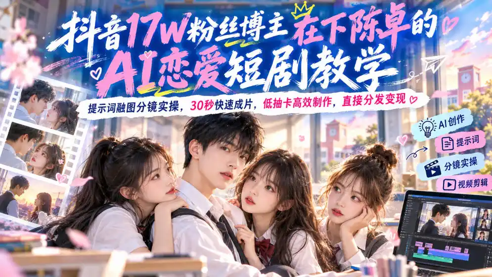 抖音17W粉丝博主在下陈卓的AI恋爱短剧教学，提示词融图分镜实操，30秒快速成片，低抽卡高效制作，直接分发变现-星云网创