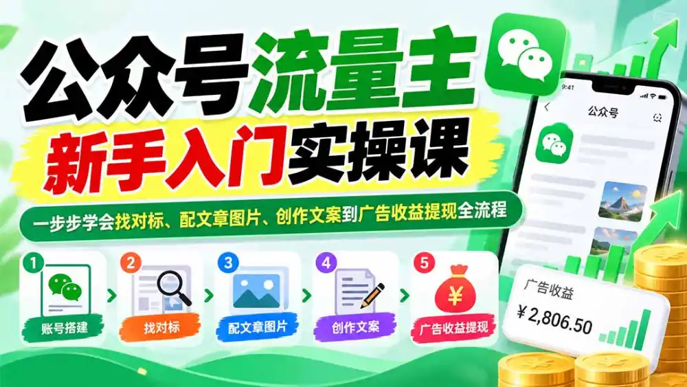 公众号流量主新手入门实操课：一步步学会找对标、配文章图片、创作文案到广告收益提现全流程-星云网创