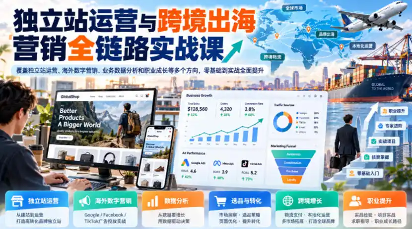 独立站运营与跨境出海营销全链路实战课，覆盖独立站运营、海外数字营销、业务数据分析和职业成长等多个方向，零基础到实战全面提升-星云网创