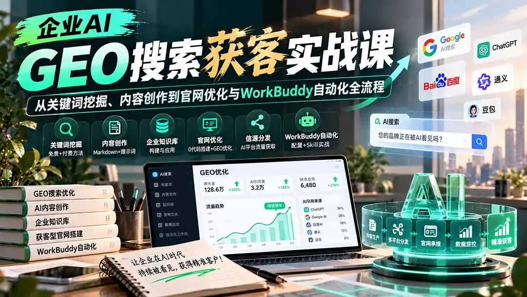 企业AI GEO搜索获客实战课：从关键词挖掘、内容创作到官网优化与WorkBuddy自动化全流程-星云网创