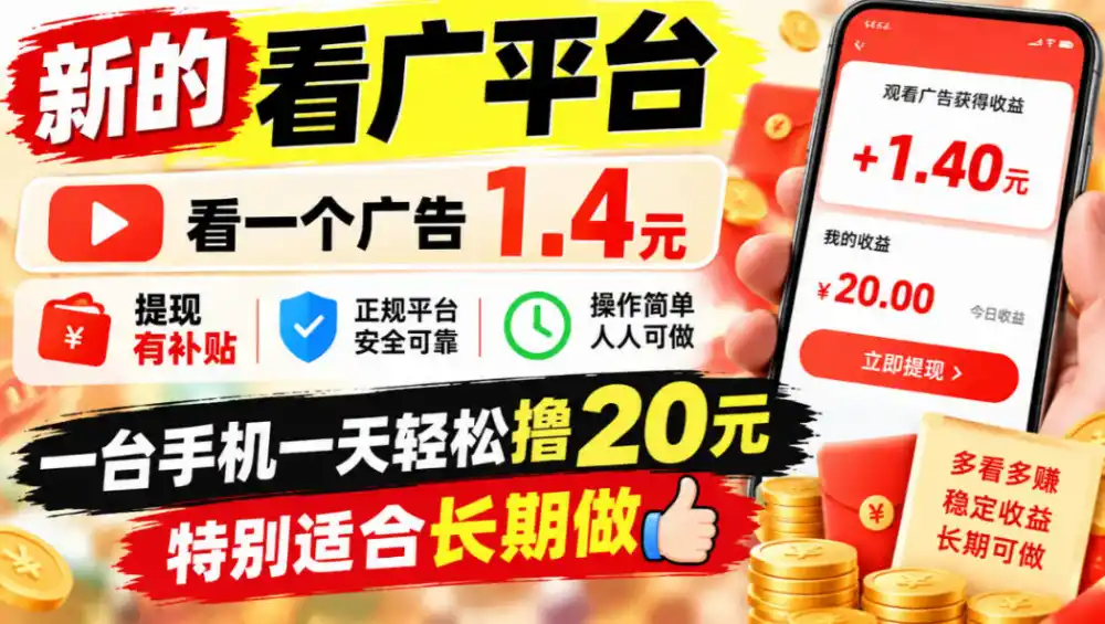 一个新的看广平台，看一个广告1.4元，提现有补贴,一台手机一天轻松撸20+，特别适合长期做【揭秘】-星云网创