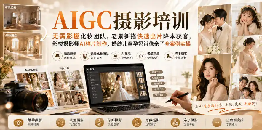 AIGC摄影培训｜无需影棚化妆团队，老景新搭快速出片降本获客，影楼摄影师AI样片制作，婚纱儿童孕妈肖像亲子全案例实操-星云网创