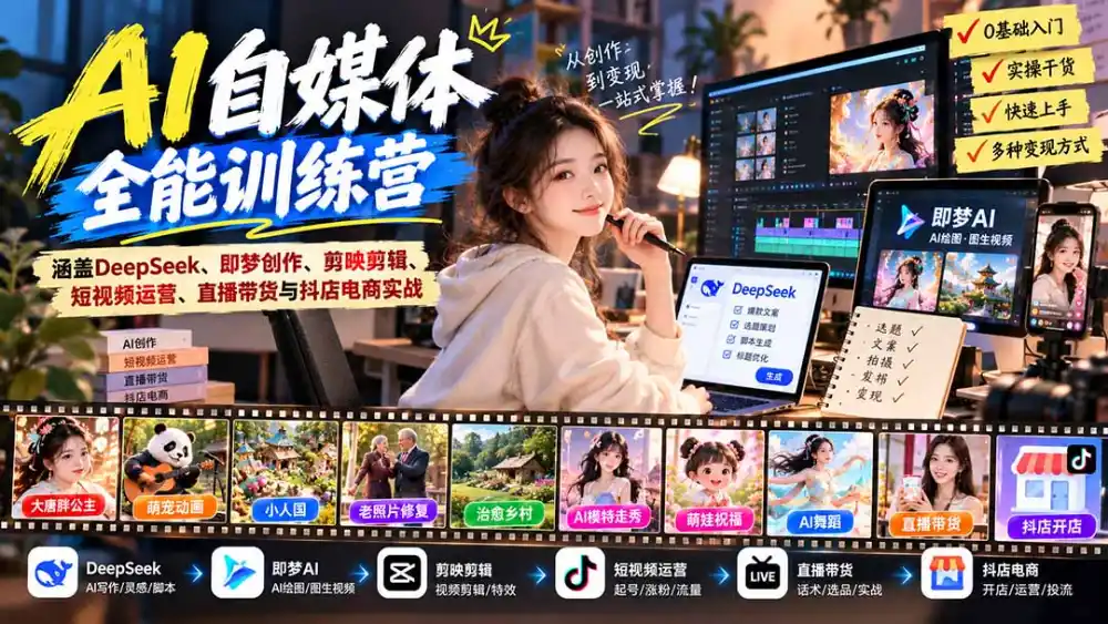 【无水印】AI+自媒体全能训练营：涵盖DeepSeek、即梦创作、剪映剪辑、短视频运营、直播带货与抖店电商实战-星云网创