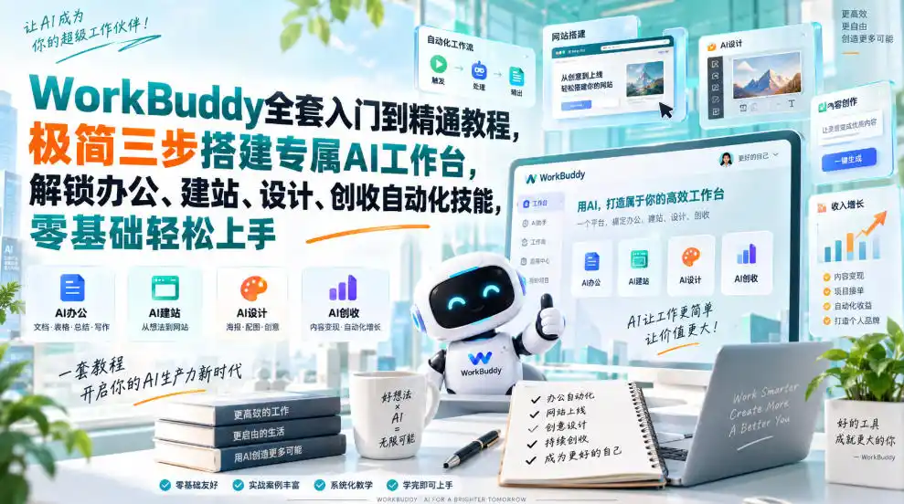 WorkBuddy全套入门到精通教程，极简三步搭建专属AI工作台，解锁办公、建站、设计、创收自动化技能，零基础轻松上手-星云网创