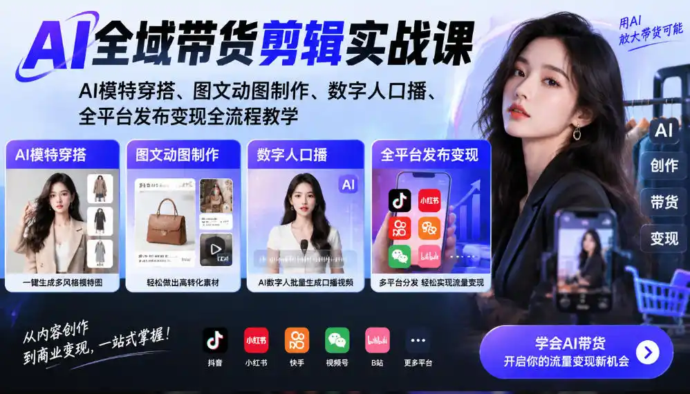 AI全域带货剪辑实战课｜AI模特穿搭、图文动图制作、数字人口播、全平台发布变现全流程教学-星云网创