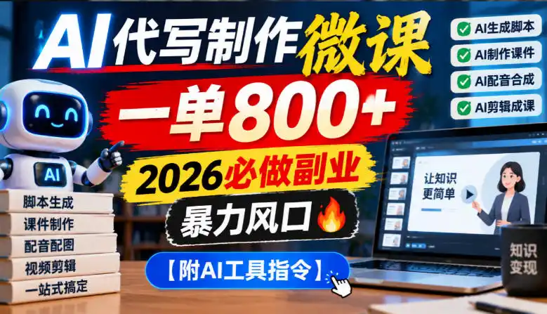 AI代写制作微课，一单800+，2026必做副业，暴力风口【附AI工具指令】【揭秘】-星云网创