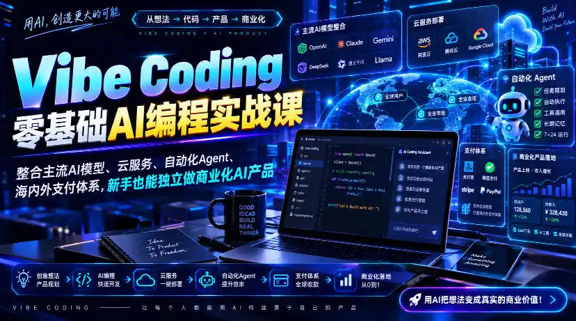 Vibe Coding零基础AI编程实战课-无水印，整合主流AI模型、云服务、自动化Agent、海内外支付体系，新手也能独立做商业化AI产品-星云网创