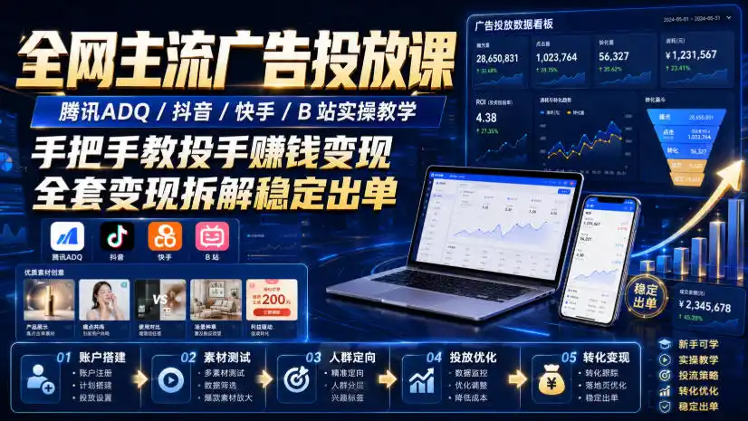 全网主流广告投放课，腾讯ADQ / 抖音 / 快手 / B 站实操教学，手把手教投手赚钱变现，全套变现拆解稳定出单-星云网创