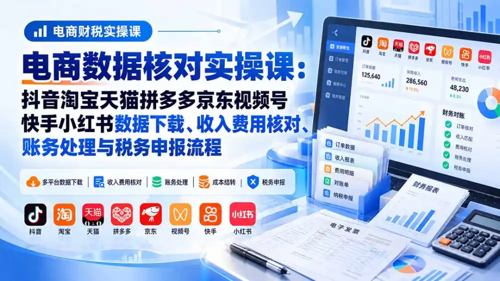 电商数据核账实操课：抖音淘宝天猫拼多多京东视频号快手小红书数据下载、收入费用核对、账务处理与税务申报流程-星云网创