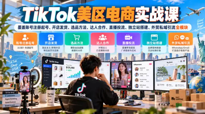 TikTok美区电商实战课，覆盖账号注册起号、开店发货、选品方法、达人合作、直播投流、独立站搭建、外贸私域引流全模块-星云网创
