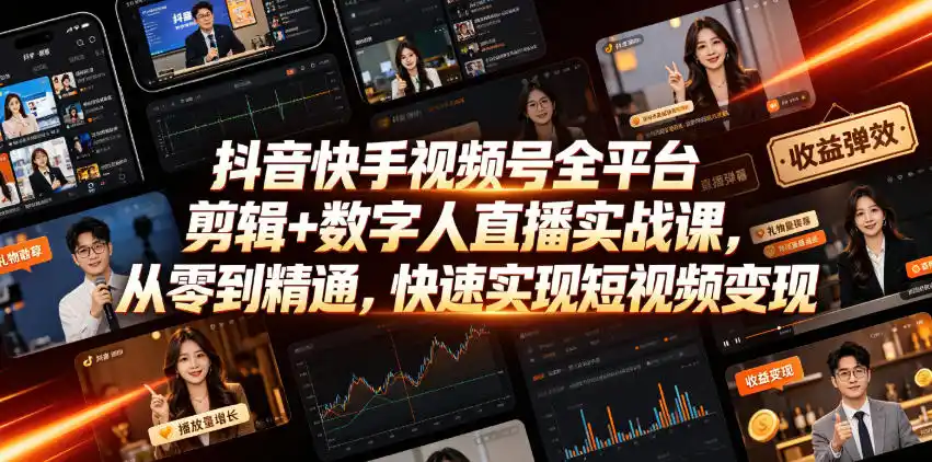 抖音快手视频号全平台剪辑+数字人直播实战课，从零到精通，快速实现短视频变现(更新2026年10月)-星云网创