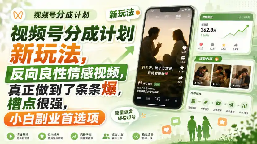 视频号分成计划新玩法，反向良性情感视频，真正做到了条条爆，槽点很强，小白副业首选项-星云网创