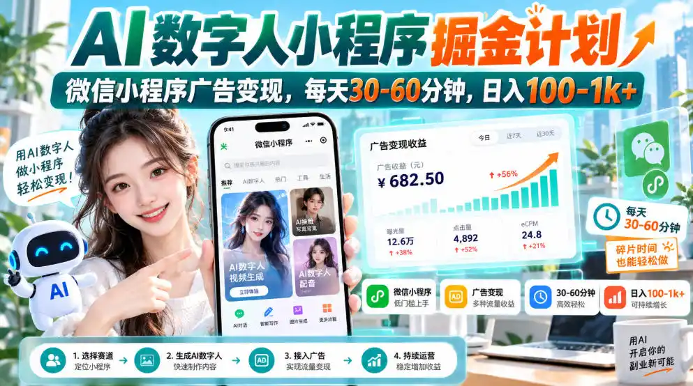 【无水印】AI数字人小程序掘金计划，微信小程序广告变现，每天30‑60分钟，日入100‑1k+-星云网创