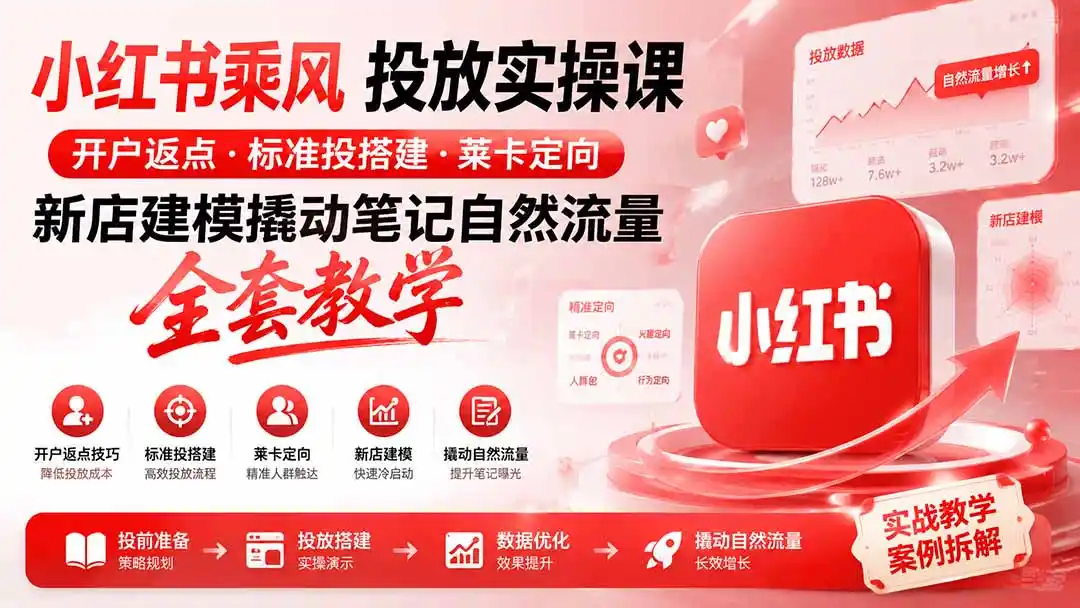 小红书乘风投放-100分钟实操课｜开户返点·标准投搭建·莱卡定向，新店建模撬动笔记自然流量全套教学-星云网创