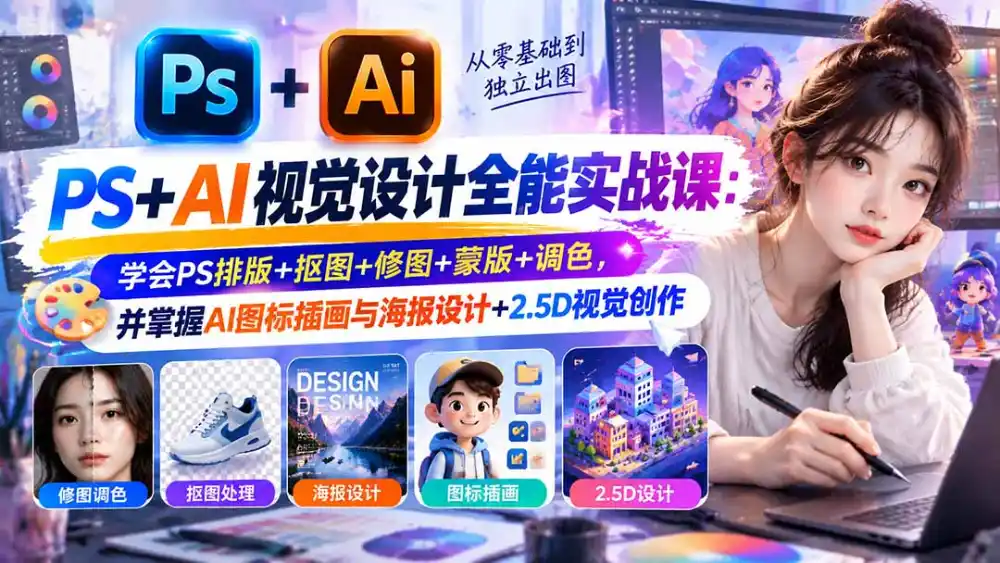 【无水印】PS+AI视觉设计全能实战课：学会PS排版+抠图+修图+蒙版+调色，并掌握AI图标插画与海报设计+2.5D视觉创作-星云网创