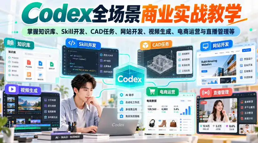 【无水印】Codex全场景商业实战教学,掌握知识库、Skill开发、CAD任务、网站开发、视频生成、电商运营与直播管理等-星云网创