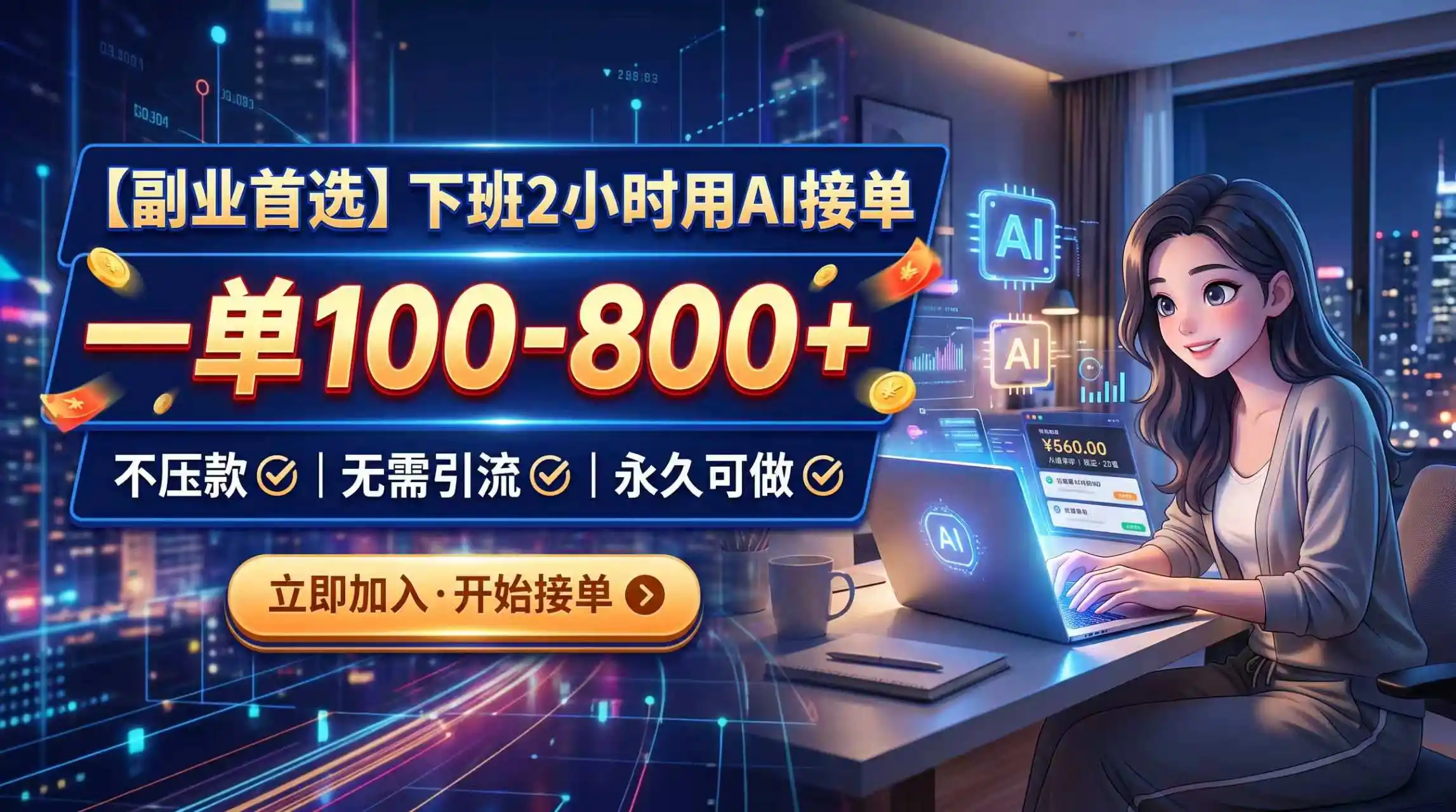 下班2小时用AI接单，一单100-800+，不压款，无需引流，永久可做-星云网创