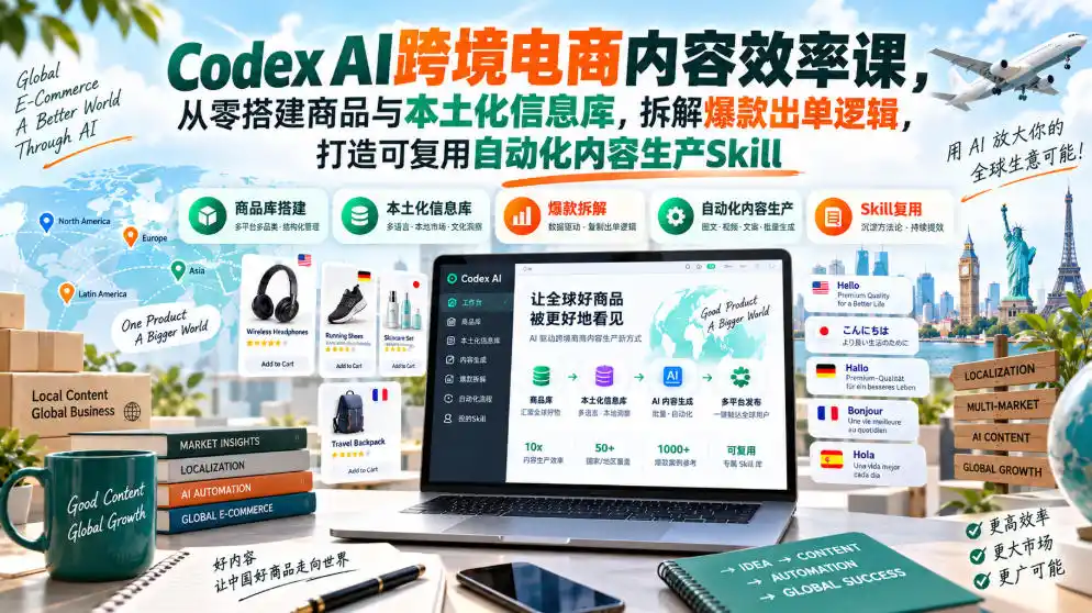 Codex AI跨境电商内容效率课，从零搭建商品与本土化信息库，拆解爆款出单逻辑，打造可复用自动化内容生产Skill-星云网创