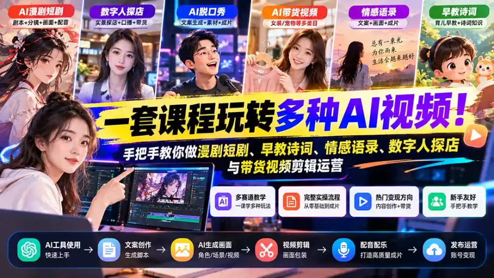 【无水印】一套课程玩转多种AI视频！手把手教你做漫剧短剧、早教诗词、情感语录、数字人探店与带货视频剪辑运营-星云网创
