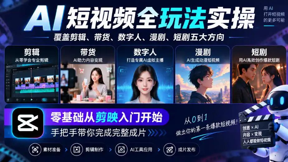 AI短视频全玩法实操，覆盖剪辑、带货、数字人、漫剧、短剧五大方向，零基础从剪映入门开始，手把手带你完成完整成片-星云网创