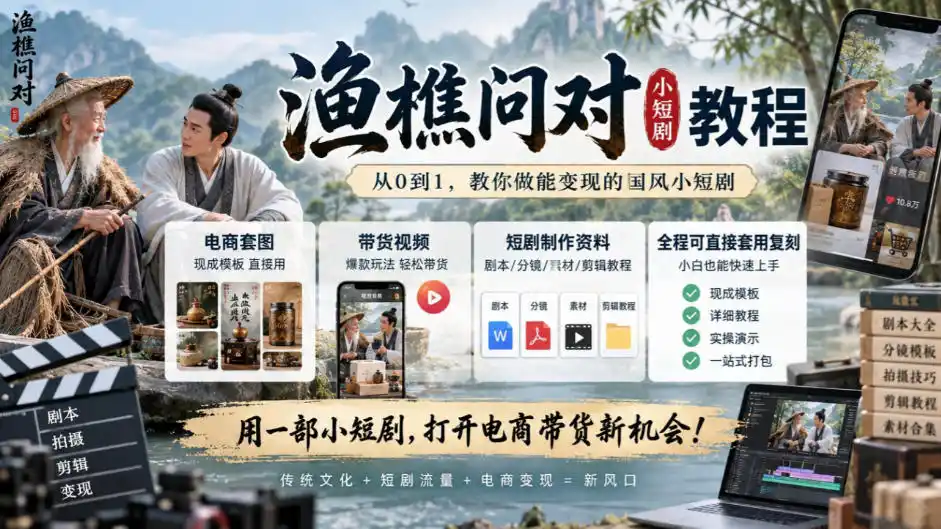 渔樵问对小短剧教程,包含电商套图、带货视频,短剧制作资料,全程可直接套用复刻-星云网创