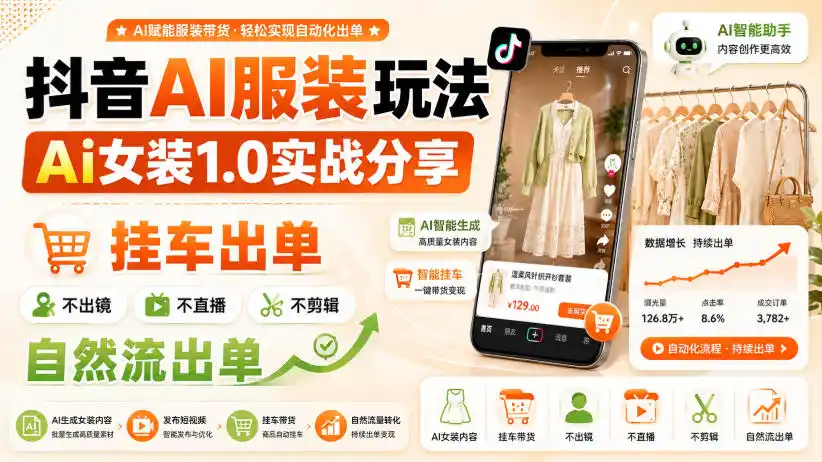 抖音AI服装玩法，Ai女装1.0实战分享，挂车出单，不出镜，不直播，不剪辑，自然流出单-星云网创