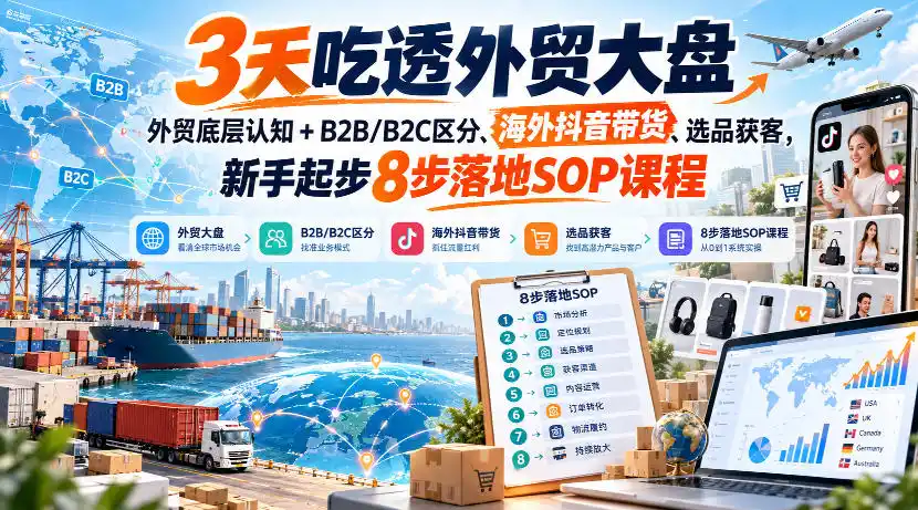 3天吃透外贸大盘，外贸底层认知+B2B/B2C区分、海外抖音带货、选品获客，新手起步8步落地SOP课程-星云网创