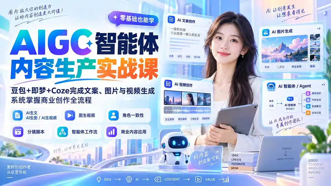 AIGC智能体内容生产实战课：豆包+即梦+Coze完成文案、图片与视频生成，系统掌握商业创作全流程-星云网创