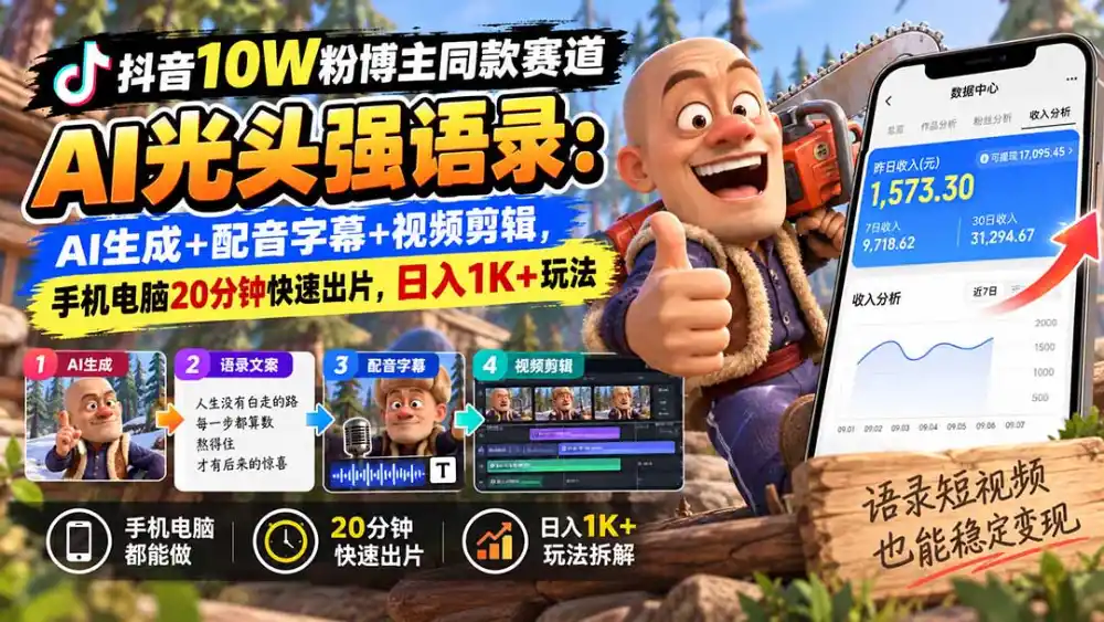 【无水印】抖音10W粉博主同款赛道AI光头强语录：AI生成+配音字幕+视频剪辑，手机电脑20分钟快速出片，日入1K+玩法-星云网创