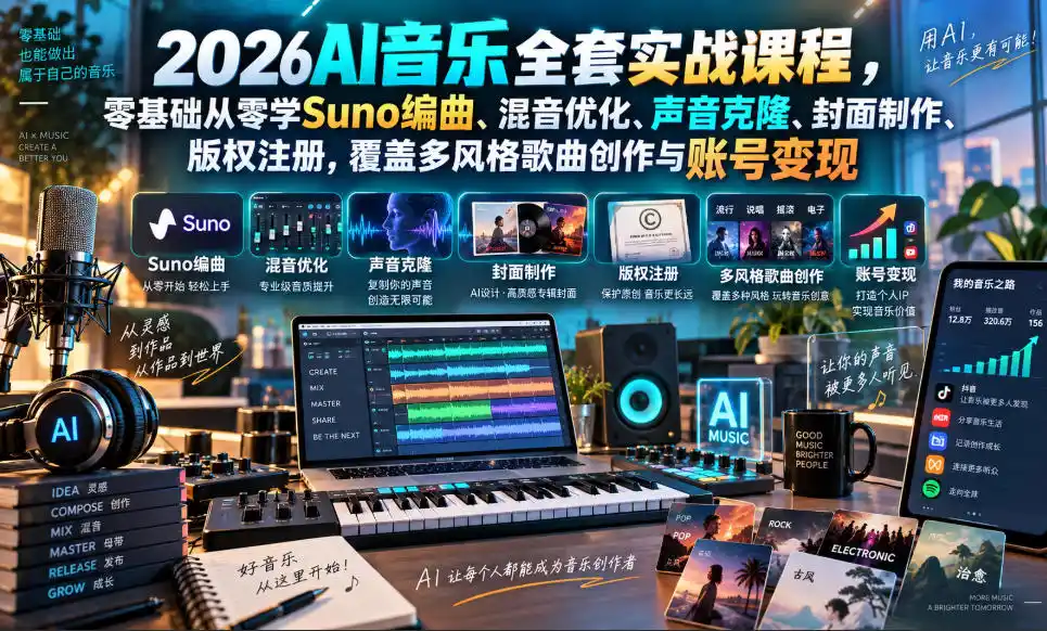 2026AI音乐实战课程，零基础从零学Suno编曲、混音优化、声音克隆、版权注册，覆盖多风格歌曲创作与账号变现-星云网创