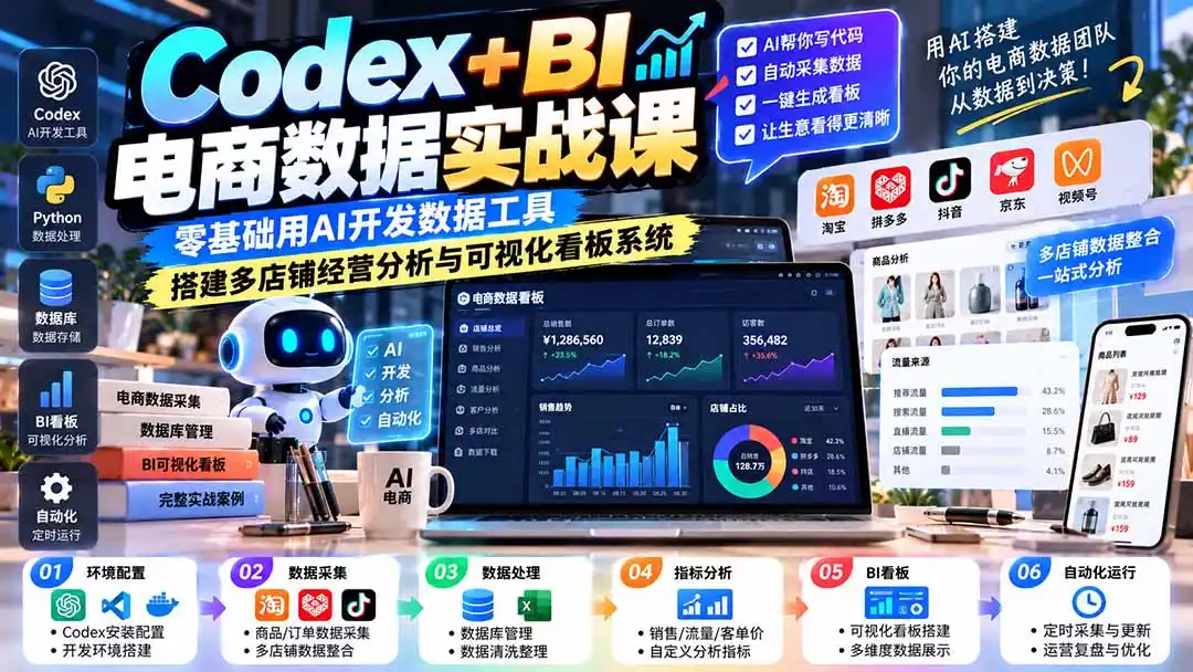 Codex+BI电商数据实战课:零基础用AI开发数据工具,搭建多店铺经营分析与可视化看板系统-星云网创
