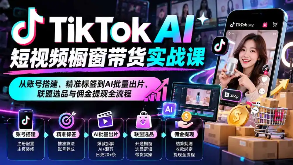 TikTok AI短视频橱窗带货实战课:从账号搭建、精准标签到AI批量出片、联盟选品与佣金提现全流程-星云网创