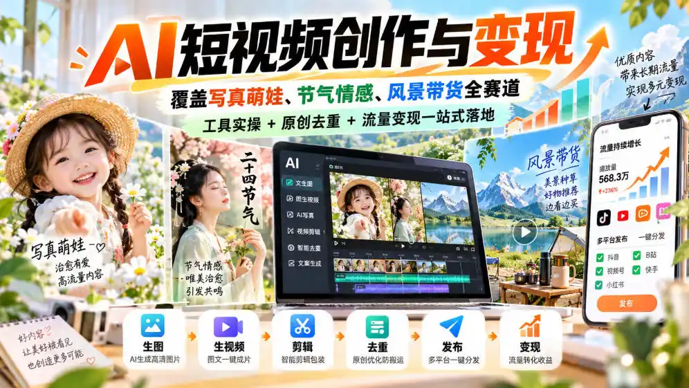 AI短视频创作与变现,覆盖写真萌娃、节气情感、风景带货全赛道,工具实操+原创去重+流量变现一站式落地-星云网创