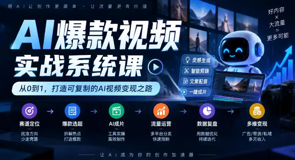 AI爆款视频实战系统课｜赛道定位、爆款选题、AI成片、流量运营、数据复盘、多维变现全链路教学-星云网创